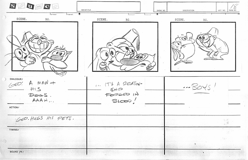 radiodormouse's tweet image. While Wilderness Adventure never made it to the storyboarding stage, several gags were repurposed for episodes of the series. For instance, the entire sequence shown below (where George mistakes Stimpy for a dog) appeared in S2E23, “Dog Show.” #AnimationHistory #RenAndStimpy