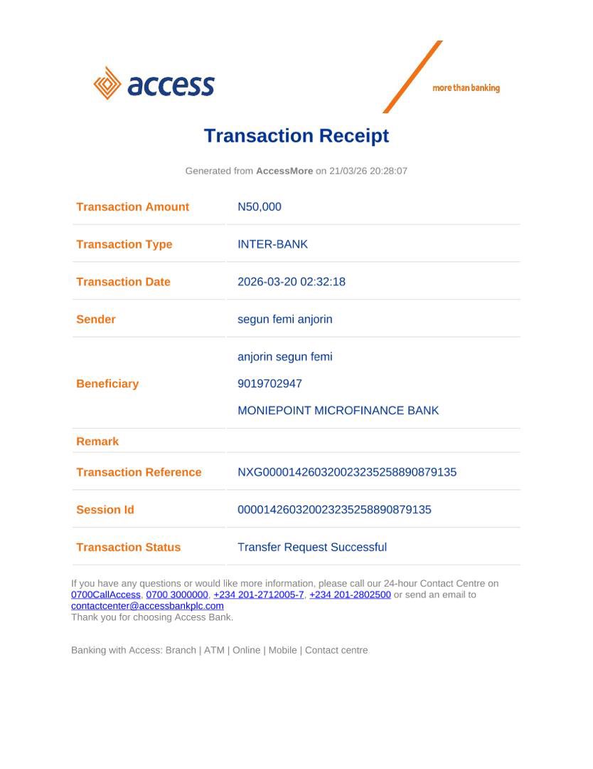 Shigo_melody's tweet photo. @access_more I made this transaction on 20/03/2026 to my moni point bank it was sent successfully and I was debited without receiving the money https://t.co/LB5rXkayTo
