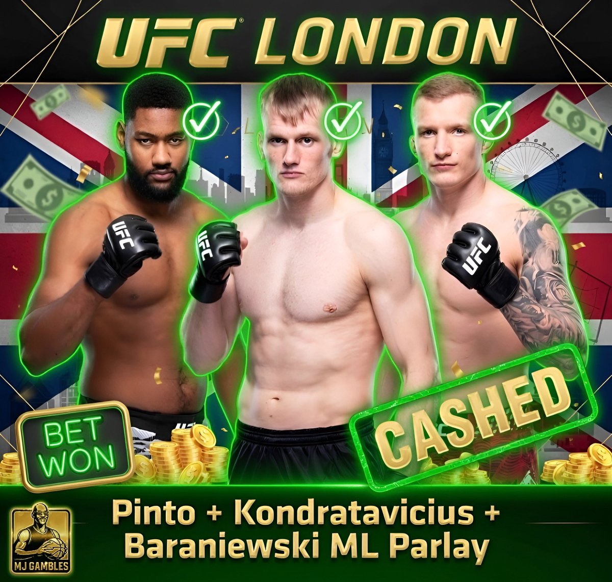 MJGambles's tweet image. #UFCLondon💰
✅Pinto ML
✅Kondratavicius ML
✅Baraniewski ML
Parlay (-135)🤑

4u play EASY CASH🆓💵

𝙁𝙊𝙇𝙇𝙊𝙒 &amp;amp; JOIN 𝑷𝒓𝒆𝒎𝒊𝒖𝒎 below (𝟏𝟎% 𝑶𝑭𝑭) for more WINS like this!💸👇🏽

💚 if you CASHED with us!

#UFC #MMA #UFC2026 #GamblingX #UFCParamount #MMATwitter