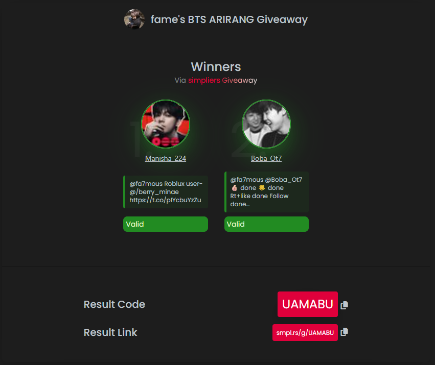 fa7mous's tweet photo. Congrats to @Manisha_224 and @Boba_Ot7 for winning the ARIRANG Album Giveaway!

❗Please check your DMs and reply within 24 hours to claim!

Thank you everyone who participated! 

Results: https://t.co/gUJXVczf33

Join our Discord for future giveaways: https://t.co/hop2Tl5ppF https://t.co/XDOZrVusRC