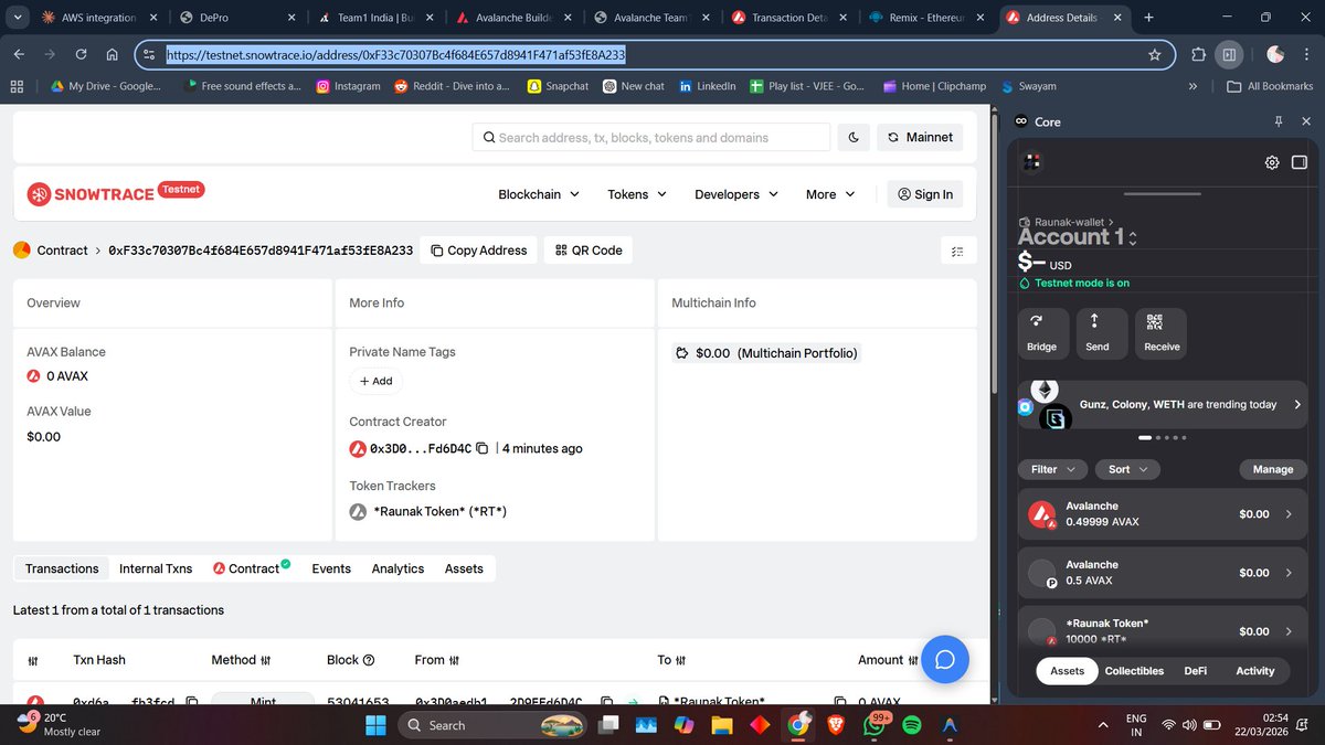 TryCatchRaunak's tweet photo. @Avalanche_In  @AvaxTeam1  Super excited to have built on avalanche testnet and actually deploy my own contract, mint my own tokens and claim my personal genesis NFT. Was extremely fun and easy to consider. https://t.co/e3VpE3nyMS