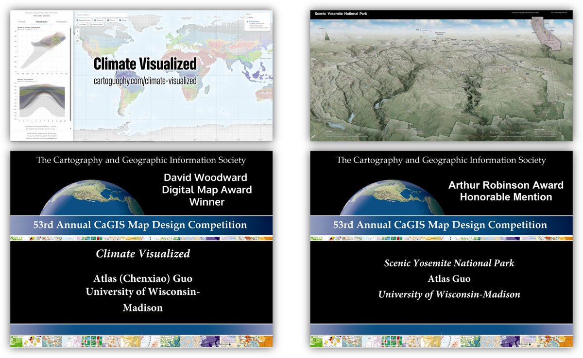 CartoGuophy's tweet image. 🏆Grateful to have two of my maps recognized in 53rd #CaGIS Map Design Competition. 📷One explores global #climate through interactive #cartography and #DataViz; 📷#Yosemite reference map paying tribute to #NationalParkService design.