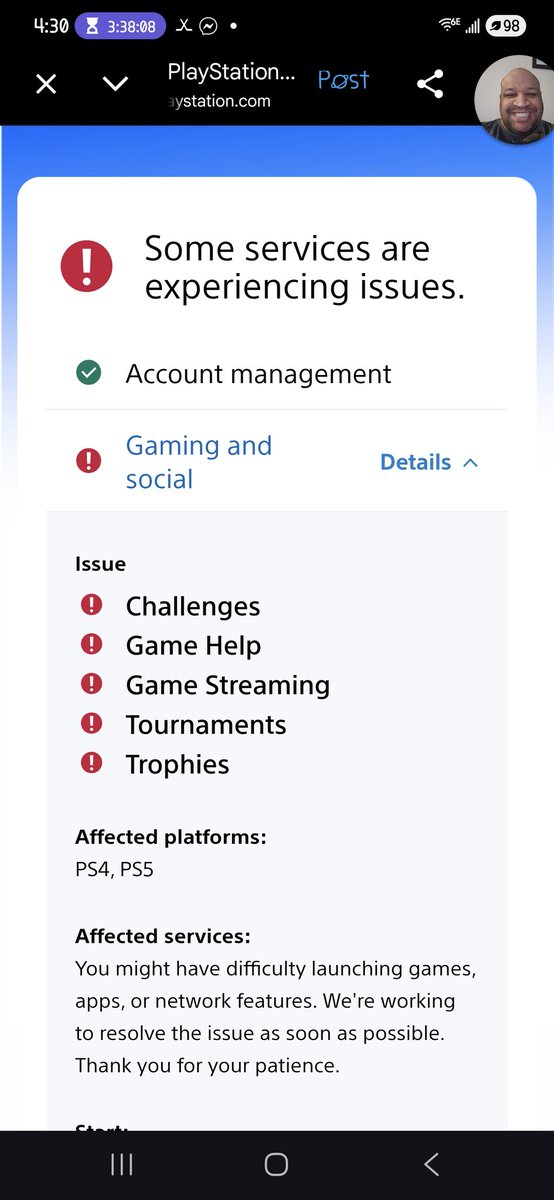 wolfKnightXD1's tweet photo. @AskPlayStation @PlayStation 
Gaming and social being down is effecting more then what's shown i can't see my freinds list and i am told they can't see me https://t.co/SAEcTwc46g