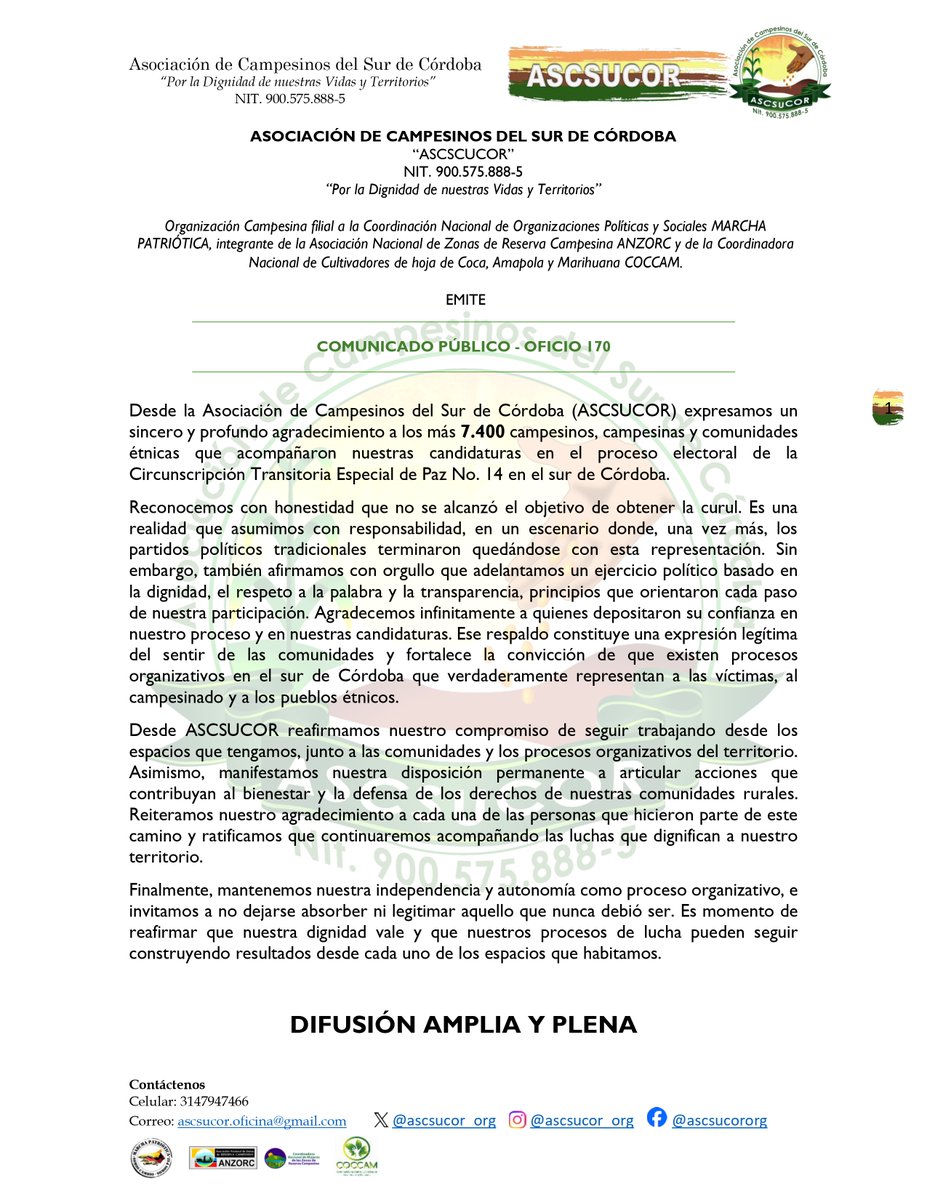 Asociación de Campesinos del Sur de Córdoba tweet media