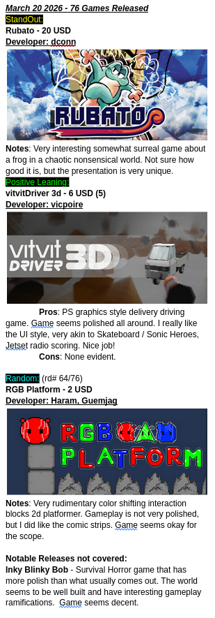 Looking over steam releases daily and giving surface level thoughts on game quality and ideas presented. I choose games that I find interesting. #gamedev #indiedev #steam

bsky.app/profile/retror…