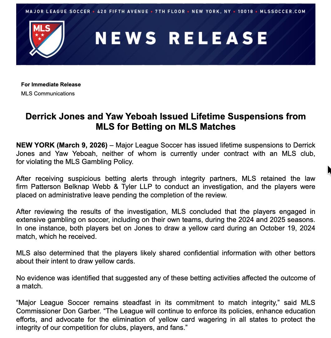 #Fútbol2Day - 🇺🇸 

Derrick Jones 🇬🇭 (Columbus Crew) y Yaw Yeboah🇬🇭 (LAFC), vetados de por vida por la MLS por apostar en partidos.

Sus apuestas incluían partidos donde ellos mismos participaban.