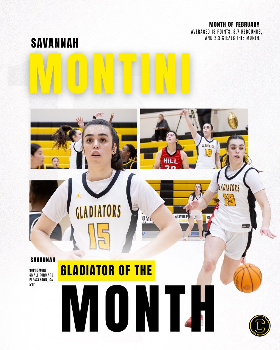 chabotwbb's tweet photo. Chabot Athletics has named Savannah Montini as Gladiator of the Month ⚔️ Savannah has been a force for the Gladiators this month, showing toughness, leadership, and a relentless motor every time she steps on the court.

#gogladiators #chabotwbb https://t.co/UYcaPHxKi2