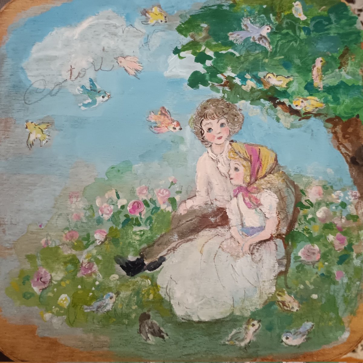 cotori_art's tweet photo. 木の箱の蓋に描いた絵
「春の庭」
3/11～3/22ブックカフェギャラリー 点滴堂さん企画展「春色小鳥園」に参加します🐥🌷
cotoriを名乗っているため何としてでもいいものを作らなきゃ！と気合いが入りすぎてなかなか描けなかったのですが。
直前にイメージが湧き、６点完成しました。 https://t.co/AuB4Q5uyjR