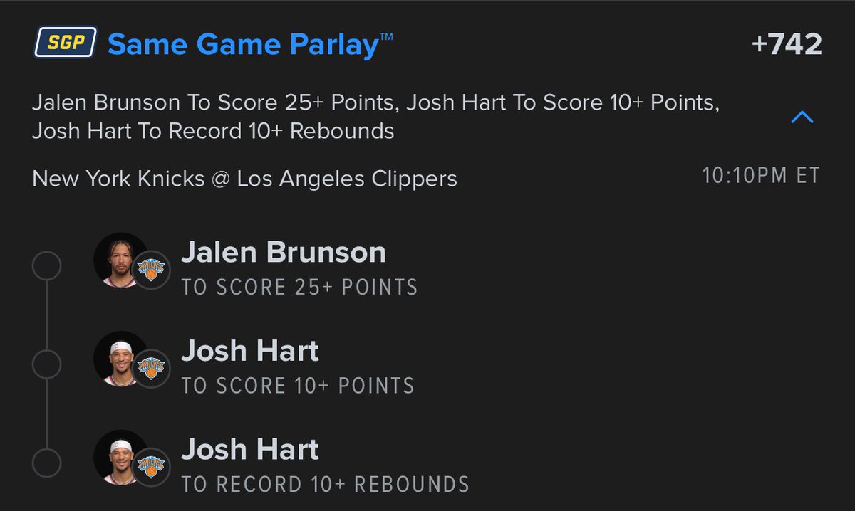 Alex__Monaco's tweet image. Knicks at Clippers SGP

🏀Brunson 25+ points
🏀Hart 10+ points
🏀Hart 10+ rebounds

💥+742

#Knicks #Clippers #SGP