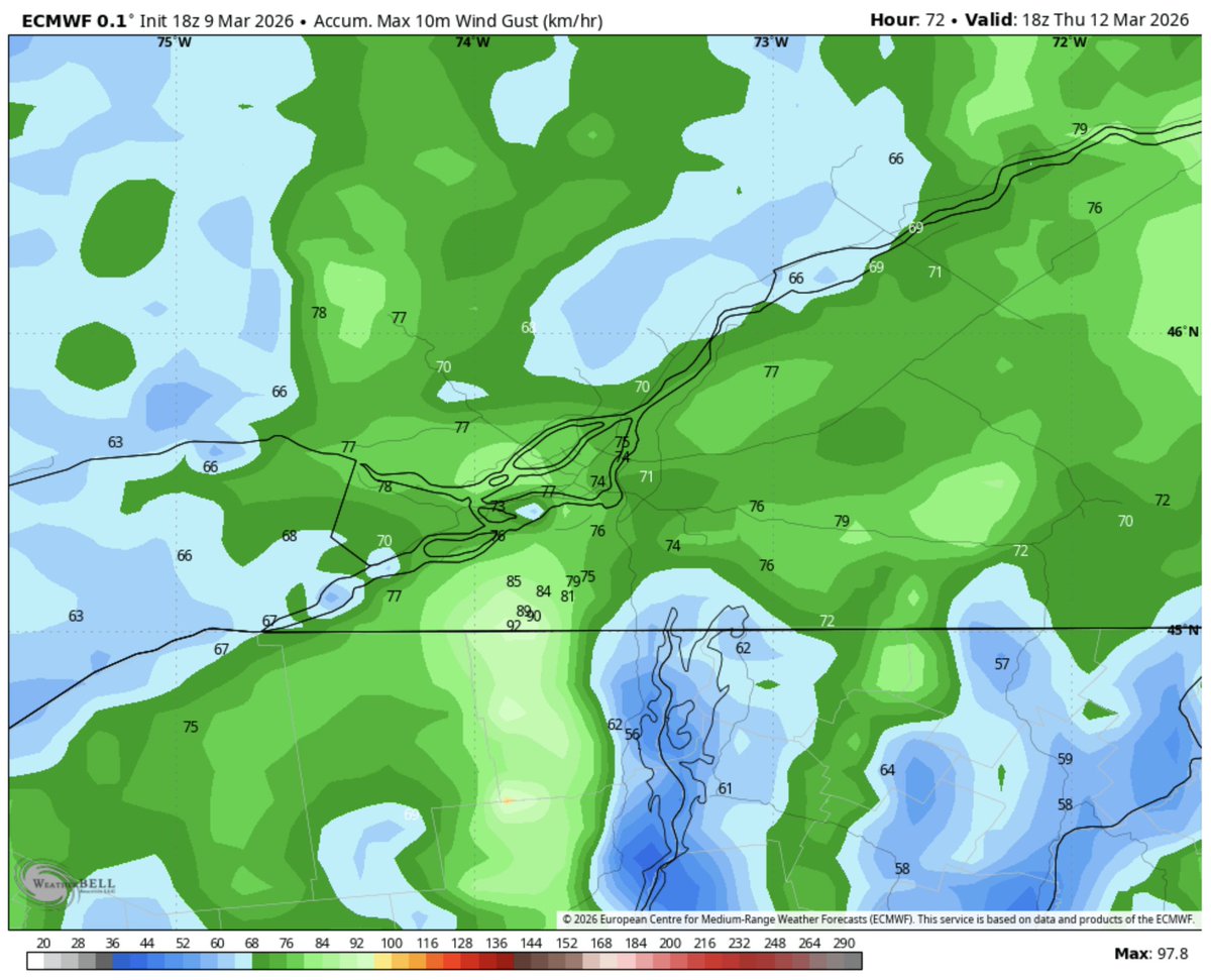 LpdlcRamirez's tweet photo. Je ferai la prochaine mise à jour plus complète demain.
Pour ce type de prévision (verglas), par expérience il est utile de combiner ECMWF et HRRR (court terme). 

Je tiens à spécifier en attendant que Montréal, étant une zone largement densifiée, aura fort probablement une accumulation de verglas assez importante (~25-35 mm+). Alors que la moitié suffit pour paralyser la ville plusieurs jours.
Et un facteur très important, lorsque cette accumulation arrivera à son apogée, les rafales pourraient souffler jusqu'à plus de 70 km/h jeudi matin..
C'est peut-être un bon moment, si possible, pour sortir de certaines zones et d'aller passer quelques jours au chalet, ou chez des amis en dehors des endroits probablement les plus touchés que nous verrons demain lors de la mise à jour. 
Un lieu muni d'une meilleure autonomie de chauffage entre autres. 
Il fera généralement plus froid malgré quelques brèves impulsions de douceur et d'autres systèmes sont à venir pour compliquer le retour à la normale.