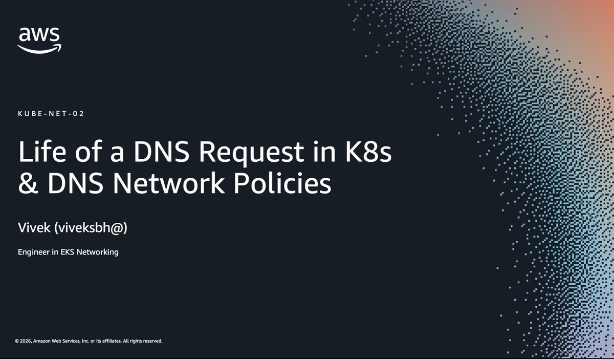viveksb007's tweet photo. Gave a talk at Amazon Kubernetes Summit on "Life of a DNS request in K8s and DNS Network Policies".

Walked through the full journey of a DNS request inside a k8s cluster - from Application pod to VPC Network to CoreDNS and back.

Talk is mostly extension of the my deep dive post - https://t.co/0qrfA390Pn