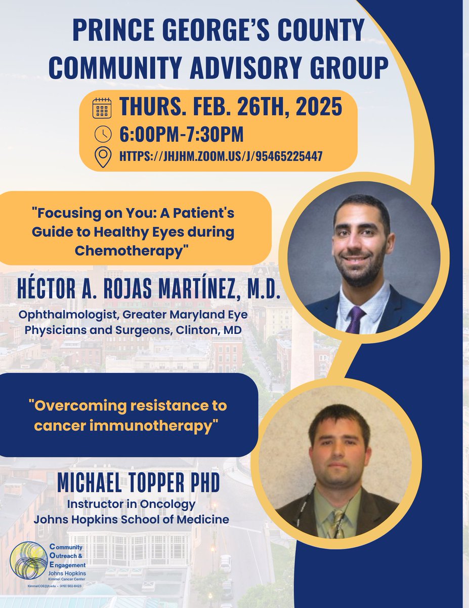 CmpgcHealth's tweet photo. Dr. Hector Rojas-Martinez, ophthalmologist, Greater MD Eye Physicians &amp; Surgeons, “Focusing on You: A Patient’s Guide to Healthy Eyes during Chemotherapy.” Michael Topper, PhD, Johns Hopkins Oncology, “Overcoming resistance to cancer immunotherapy”.

🔗: https://t.co/n2G3BAGcf7 https://t.co/t9wsSSWV3v