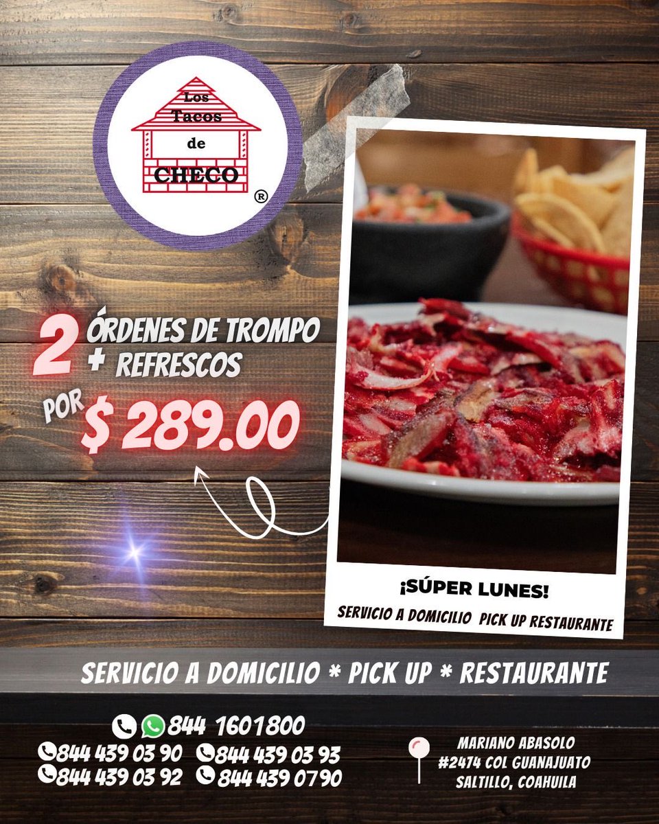 ¡Hoy #FelizLunes! 🤩 Desde las 6:00 p.m. aprovecha la promoción de #SúperLunes con 2 órdenes de trompo + 2 refrescos.

📲 8441601800 
🚘 Servicio a domicilio, Pickup y Restaurante. #Saltillo

¡Llámanos y nosotros vamos por tu antojo! 🌮🔥 😋