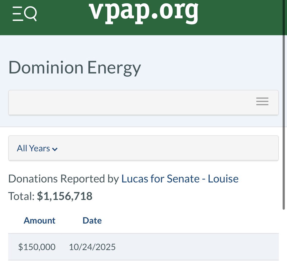 VA Dem Senate leader <a href="/SenLouiseLucas/">L. Louise Lucas</a> has taken $1,156,718 in political donations from <a href="/DominionEnergy/">Dominion Energy</a> … all paid by Virginia energy consumers…

And now she decries “big corporations”

Big Louise IS Big Corp