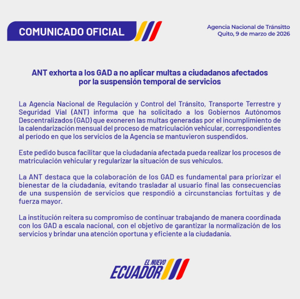 EcEnDirecto's tweet image. #ATENCIÓN 
La @ANT_ECUADOR ha solicitado a los #GAD del Ecuador a exonerar las #multas por incumplimiento del calendario de matriculación vehicular, durante el lapso de tiempo en que los servicios de la entidad estuvieron suspendidos. La #ANT detalló que esta medida tiene como