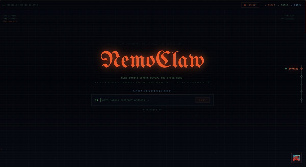 🦀 NemoClaw just got dangerous.

Paste any Solana contract address into our landing page and watch the entire screen transform into a live intelligence hunt.

Target acquisition. Network mapping. Risk analysis. Tactical verdict.

This isn't a search bar. It's a weaponized
