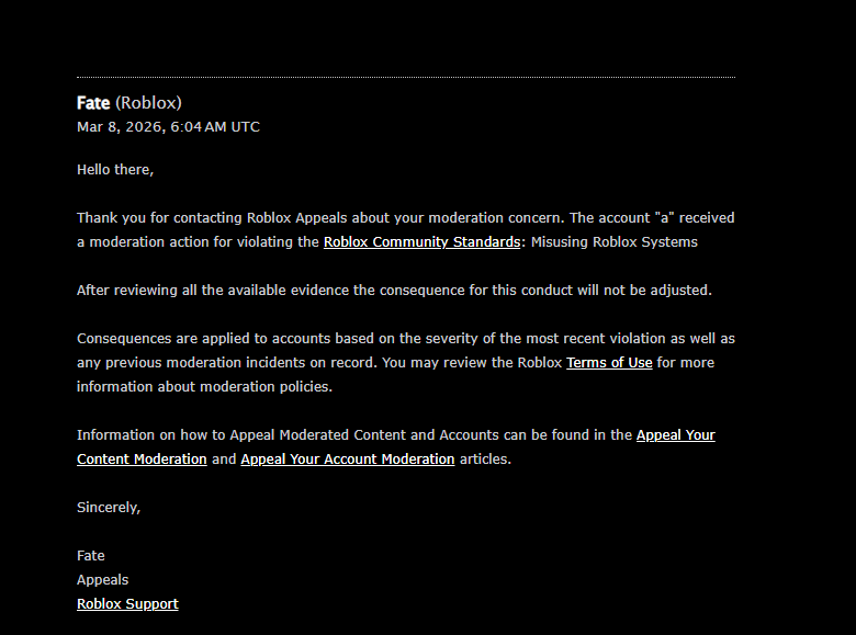 Zryphm's tweet photo. @Roblox Still waiting for you to resolve this mass ai ban wave that's been going on prominently from March 5th and when I tried to appeal this decision for my account Itzc0met you guys gave me an entirely different username which should be an immediate warning it can't do appeals https://t.co/rPzSpIVCz9