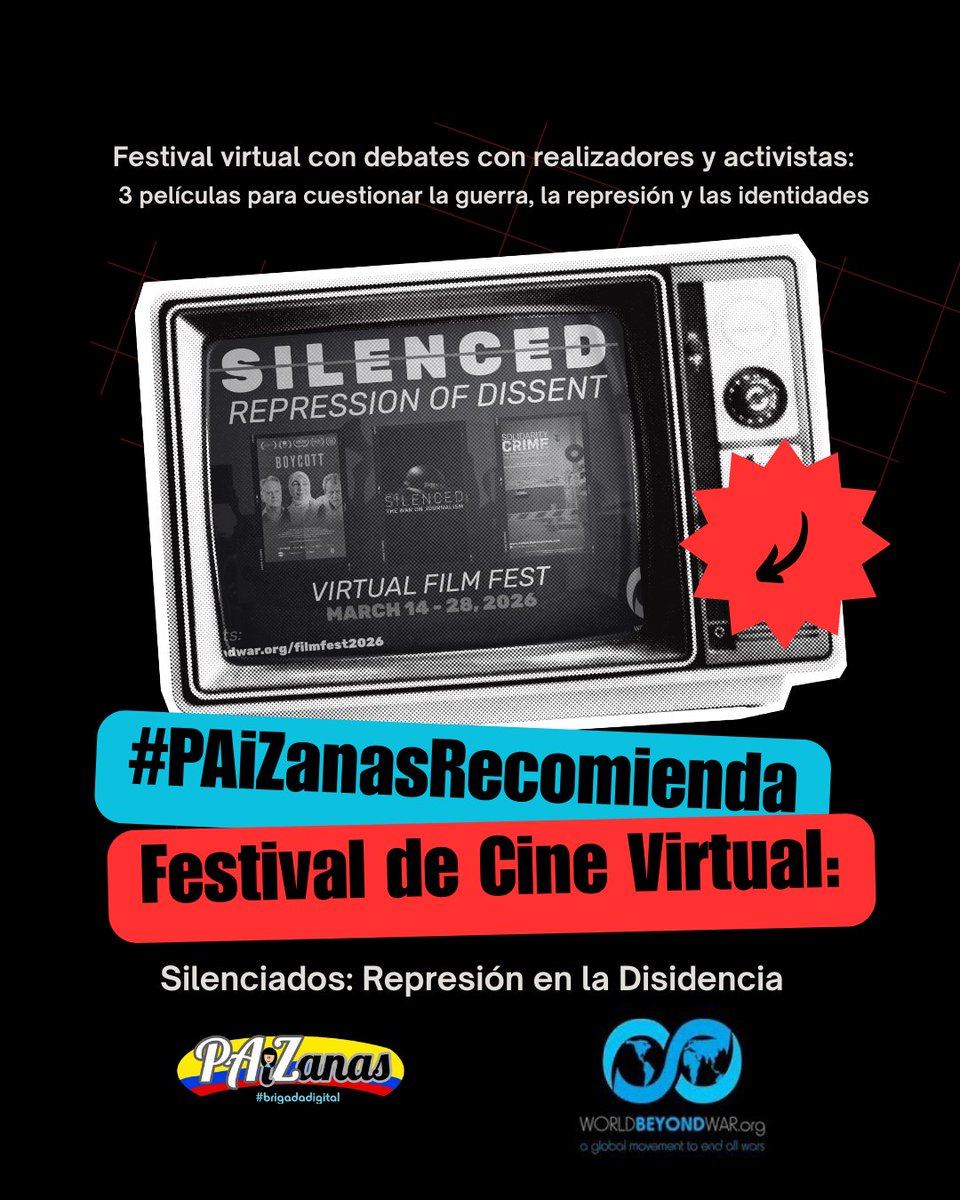 PAiZanas's tweet photo. ✨#PAiZanasRecomienda👇
🎬El festival de cine de World BEYOND War reúne tres documentales que exploran la resistencia, la memoria y las identidades en contextos de conflicto.
📲Conoce como participar en: https://t.co/h2m5ley4Pg
#FilmFest2026 #WorldBeyondWar #CinePorLaPaz https://t.co/gBlgwQLTGg