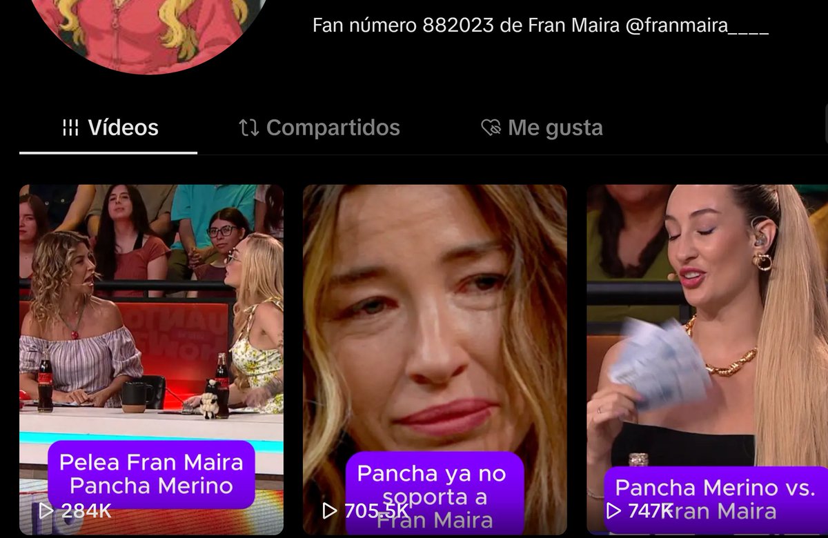 Se que en twitter no es muy popular Fran Maira,pero la gente quiere verla...lo comprobe al subir 3 videos de ella en tiktok en su programa "cuanto vale el show" y ya tiene mas de 1.5 m de visitas #fiebredebailechv #granhermano