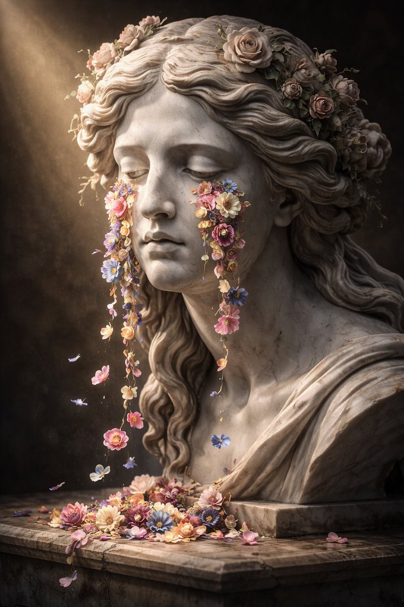 comchaykhoque's tweet photo. A silent goddess carved in stone, yet her tears bloom into flowers and gems. Beauty born from sorrow, turning pain into something eternal.  @degentokenbase https://t.co/pHK1RyInjL