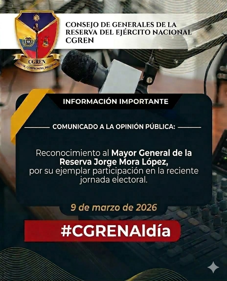 #Comunicado 

El #CGREN saluda al Mayor General de la Reserva, Jorge Mora López, por su reciente participación en los comicios electorales del pasado 8 de marzo.

Lee el comunicado completo en: consejodegenerales.com/noticias/el-co…

<a href="/COL_EJERCITO/">Ejército Nacional de Colombia</a>