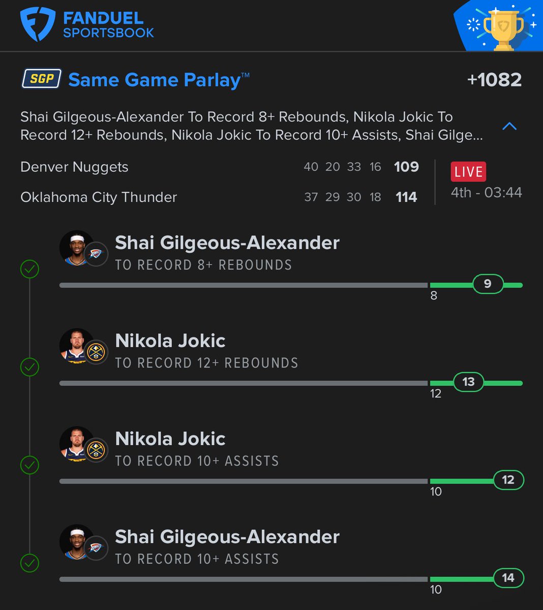 Alex__Monaco's tweet image. Will SGA get the triple double?! This Thunder and Nuggets game is all time

#ThunderUp #Nuggets #SGP