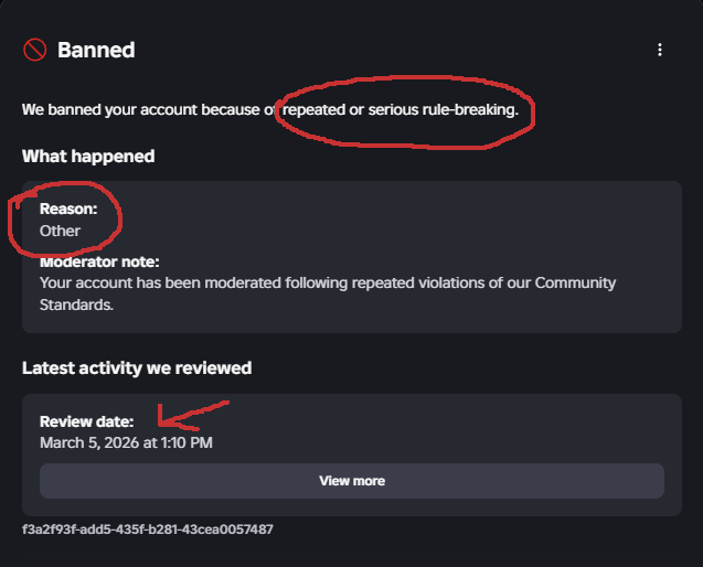 Zryphm's tweet photo. @Roblox Still waiting for you to resolve this mass ai ban wave that's been going on prominently from March 5th and when I tried to appeal this decision for my account Itzc0met you guys gave me an entirely different username which should be an immediate warning it can't do appeals https://t.co/rPzSpIVCz9