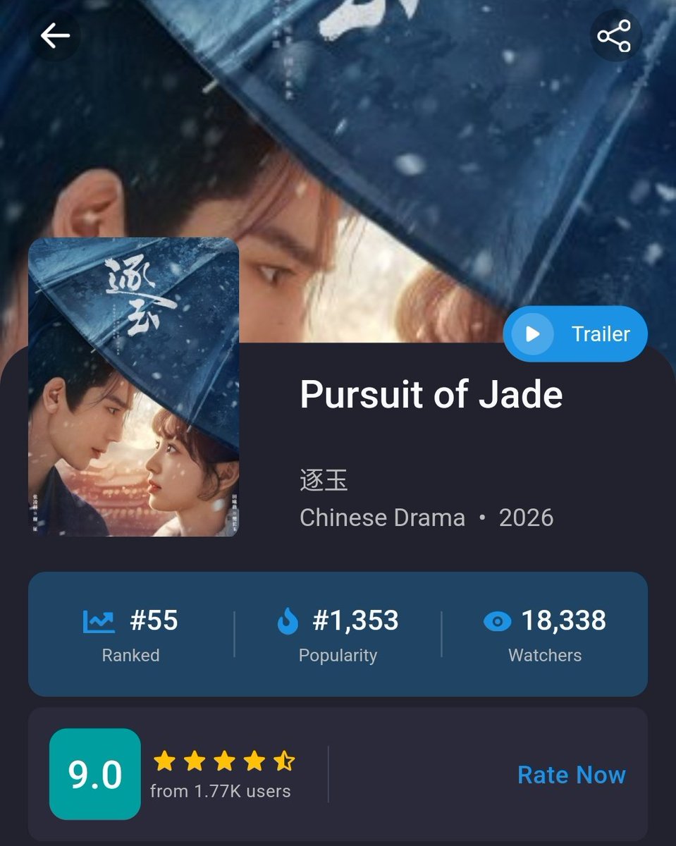 Fico passada que Pursuit Of Jade só tem 11 eps lançados até agora e já tá com essa nota no MDL