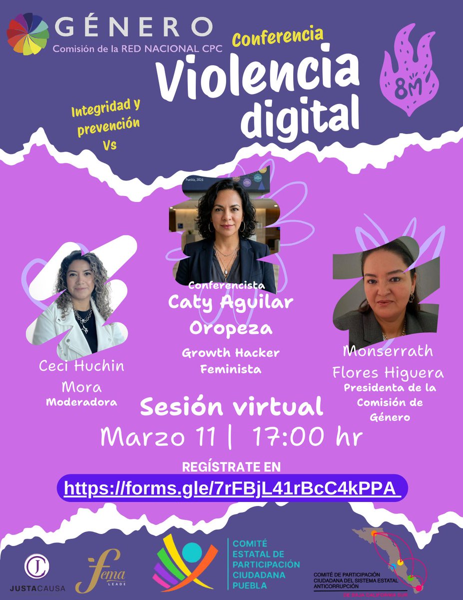 💜En el marco del #8M la Comisión de Género de la <a href="/RedCpcs/">Red Nacional de CPCs</a> <a href="/CEPCPuebla/">Comité de Participación Ciudadana Puebla</a>  <a href="/CPCBCS/">COMITÉ DE PARTICIPACIÓN CIUDADANA DE BCS</a> queremos invitarte a la Conferencia “Integridad y prevención de la violencia digital” de Caty Aguilar Oropeza <a href="/catyoro/">Catyoro</a> 

📱 La vida digital ES nuestra vida real. Lo que pasa detrás de la pantalla
