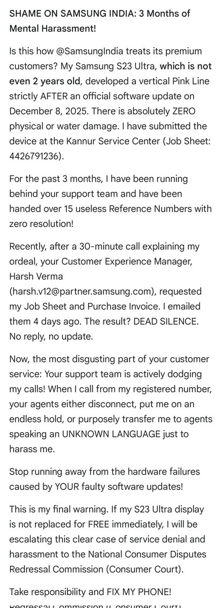 MUzML5's tweet image. @SamsungSupport @samsungmobile @jagograhakjago @geekyranjit @GyanTherapy @TrakinTech
​#SamsungS23Ultra #PinkLineIssue #DisplayDefect #SamsungIndia #ConsumerCourt #WorstCustomerService