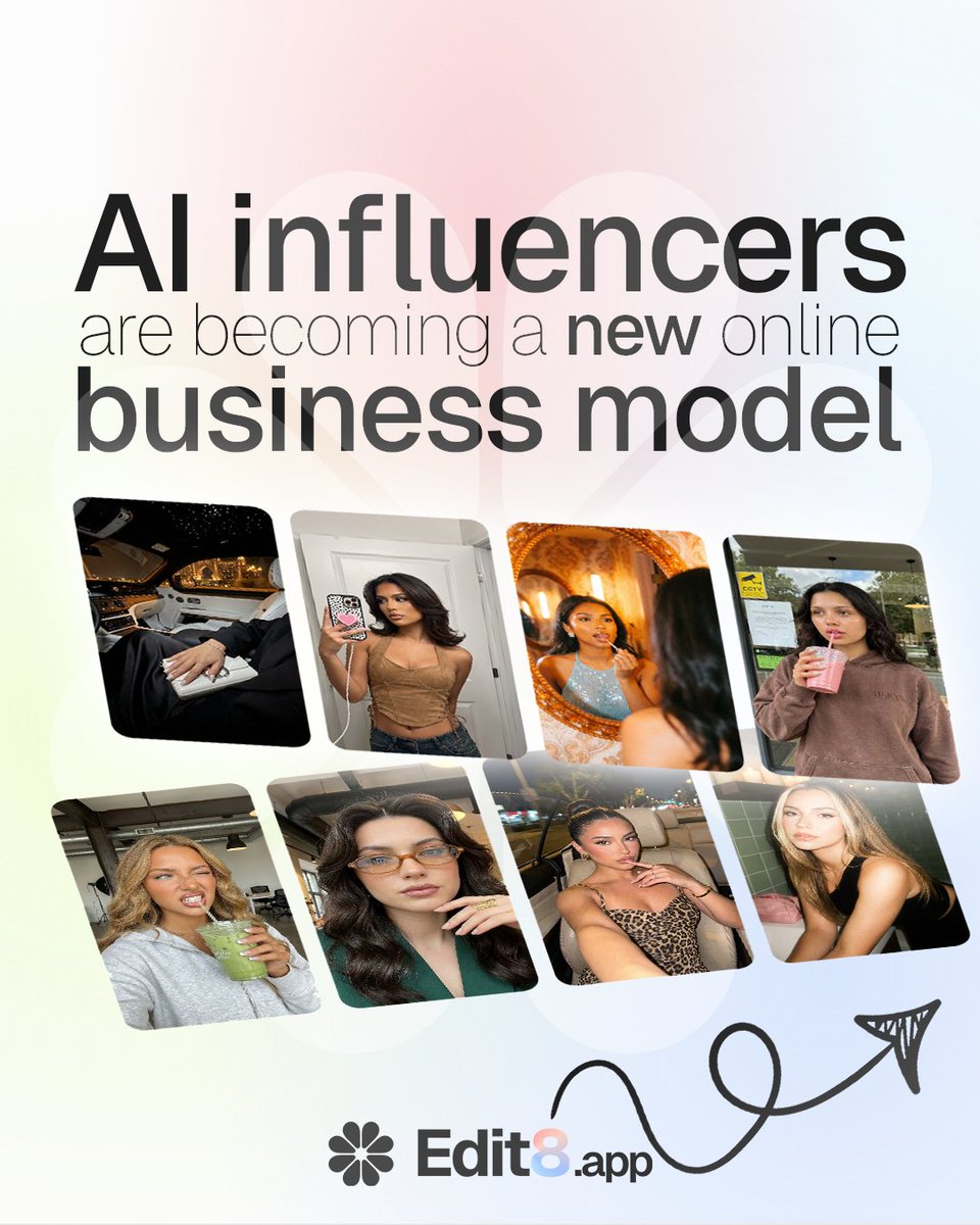 Edit8_app's tweet photo. AI influencers are no longer just a trend or a content experiment. They are becoming digital brands that can capture attention, build audiences, and create value at scale. That is what makes them different. This is not only about posting faster or generating visuals more easily. It is about building an asset that can grow, evolve, and operate with far fewer limits than a traditional creator workflow.

Traditional content creation depends on time, planning, travel, production, editing, availability, and cost. Every new post requires coordination. Every new idea takes effort to organize and execute. That makes scaling slower, testing harder, and consistency more difficult. AI changes that. It removes many of the bottlenecks that make traditional content creation expensive, manual, and time consuming.

An AI influencer can create content across different looks, styles, settings, and formats without the same physical limitations. That means faster execution, more creative testing, stronger consistency, and more room to scale. When done correctly, you are not just creating content. You are building a digital brand designed for efficiency, reach, and long term growth.

The real shift happens when the process becomes simple enough for anyone to use. That is where Edit8 comes in. We built Edit8 to make AI creation beginner friendly. With our library, users can create multiple social media posts with a single click, without complicated workflows or a steep learning curve. What could take around 98 minutes manually can be reduced to around 5 minutes with a faster and more streamlined system.

This is why AI influencers matter. Not because they look futuristic, but because they represent a smarter, faster, and more scalable way to build online. The people who understand this early will not just create more content. They will build systems, test faster, grow faster, and operate with an advantage that traditional workflows struggle to match.

Get started with Edit8 this week and unlock your AI influencer journey with an exclusive 62% discount.

Try now! 🌸
https://t.co/u32z8vG33S
