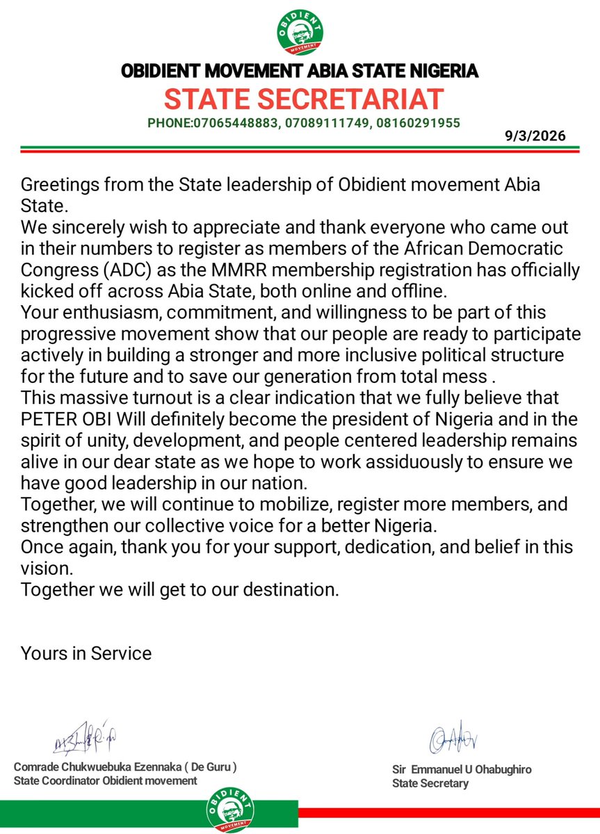 From Abia State Obidient State Leadership.