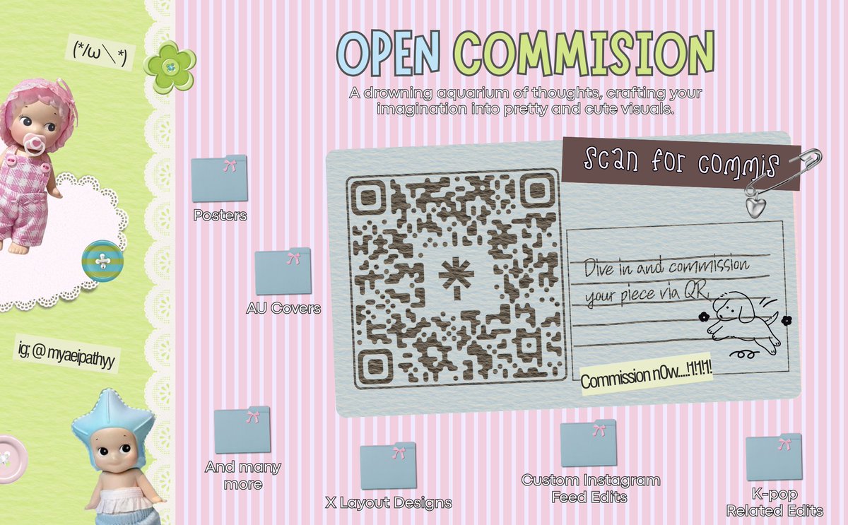 myaeipathy_'s tweet photo. Finally opening my commissions ✦

Sekarang menerima request untuk berbagai design dan edit aesthetic.
Mulai dari layout, poster, cover AU, sampai custom visual lainnya.

Langsung DM untuk commis atau scan QR buat cek result editing kita #zonauangㅤ https://t.co/hJ78gU55f4