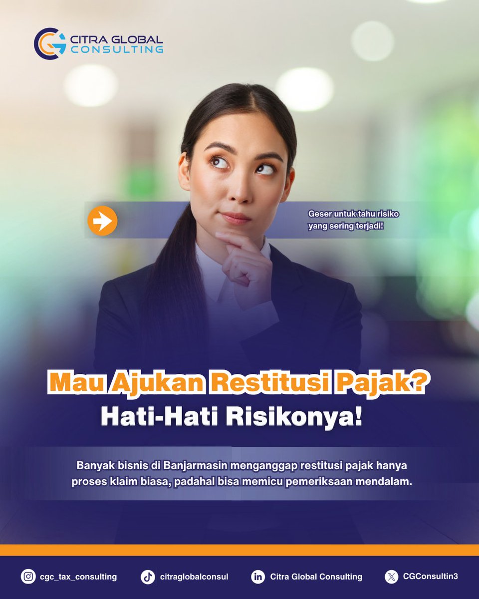 CGConsulting3's tweet photo. Banyak pebisnis di Banjarmasin belum sadar kalau restitusi adalah "pintu masuk" pemeriksaan pajak mendalam. Sekali data nggak sinkron, niat balik modal malah bisa jadi sanksi denda⚠️. 
#RestitusiPajak #PajakBanjarmasin #KonsultanPajak #AuditPajak #TipsBisnis #TaxCompliance https://t.co/6GFSRJUDd4