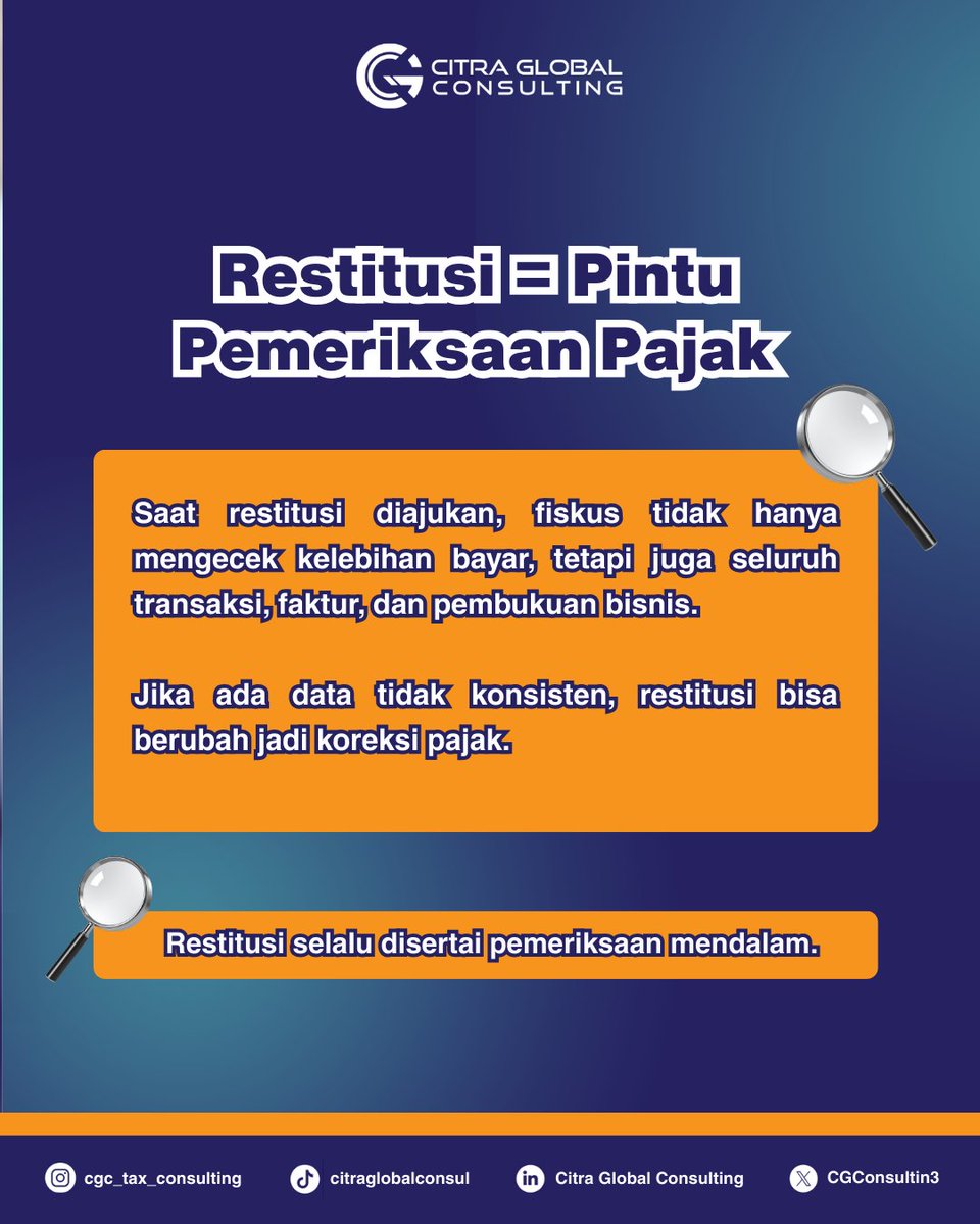 CGConsulting3's tweet photo. Banyak pebisnis di Banjarmasin belum sadar kalau restitusi adalah "pintu masuk" pemeriksaan pajak mendalam. Sekali data nggak sinkron, niat balik modal malah bisa jadi sanksi denda⚠️. 
#RestitusiPajak #PajakBanjarmasin #KonsultanPajak #AuditPajak #TipsBisnis #TaxCompliance https://t.co/6GFSRJUDd4