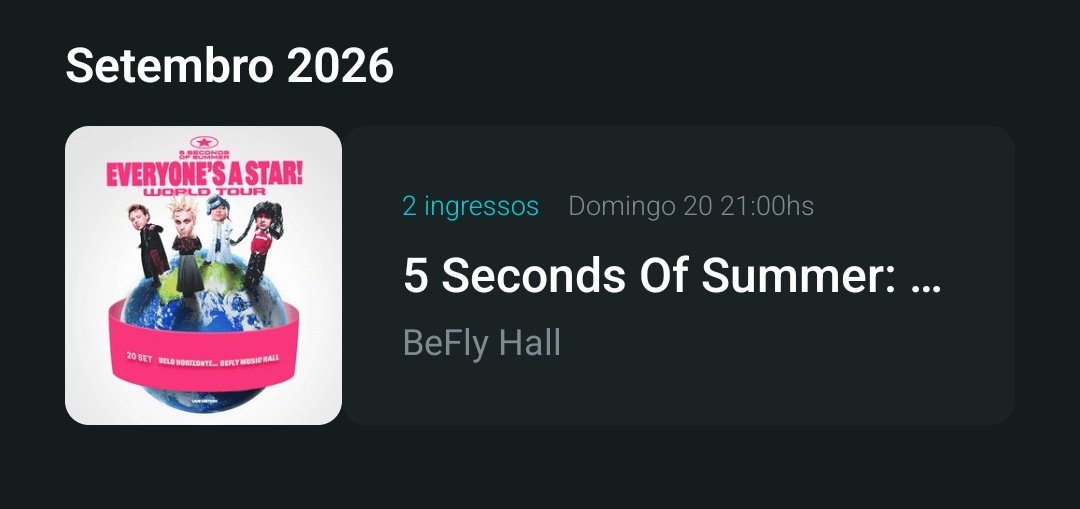 randommooon's tweet photo. VENDO INGRESSO 5 SECONDS OF SUMMER EVERYONE'S A STAR 2026

Meia entrada
Setor arquibancada
BH - Belo Horizonte
R$ 450,00 (Valor que comprei)

Motivo: a pessoa que ia comigo não vai mais.

#5sos #5secondsoffsummer #everyonesastar #everyonesastartour https://t.co/ypTWP5b2Ac