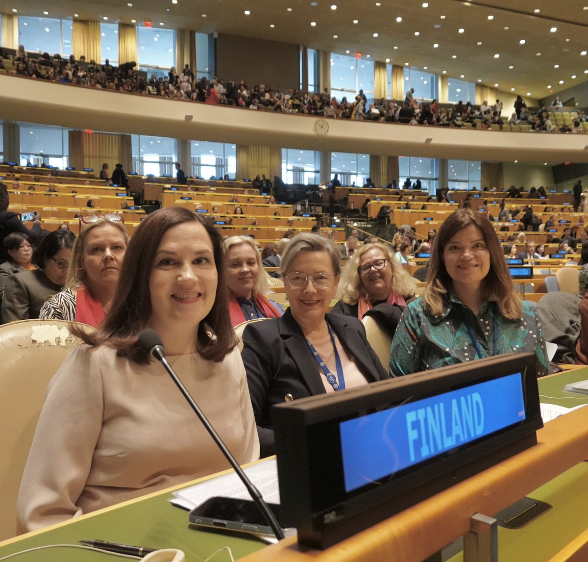 FinlandUN's tweet image. 🇫🇮 at #CSW70:

🔹Finland’s #CSW delegation at the opening of the 70th session 
🔹Minister @sannigrahn before @nordenen panel Gender Equality Makes Families Thrive
🔹Pull-aside with @Mariana_Betsa, Deputy Foreign Minister of Ukraine
🔹General Assembly Hall buzzing with delegates