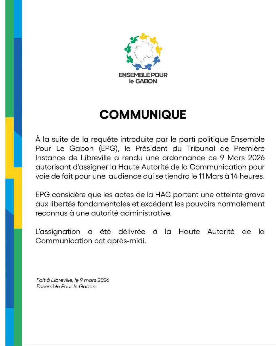 Merci de trouver ci-dessous, le communiqué portant sur l'assignation de la HAC pour voie de fait pour une audience qui se tiendra ce mercredi 11 mars à 14h.
#Gabon
<a href="/gabonreview241/">Gabonreview.com</a> <a href="/gabonmediatime/">Gabon Media Time</a> <a href="/LeConfidentielG/">Le Confidentiel</a> <a href="/nelly_ngabima/">Princesse de Souba</a> <a href="/ChantalKiki241/">Chantal Kiki</a> <a href="/RFIAfrique/">RFI Afrique</a>