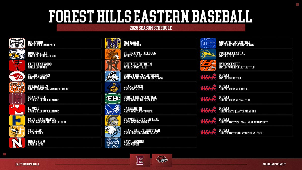 FHE_Athletics's tweet photo. 2026 Forest Hills Eastern Baseball schedule! Come support the defending Division 2 MHSAA State Champions this season! #HawkPride #FHEHawks 
https://t.co/y3LLz6OJ2M https://t.co/ZHcK3FVPBG