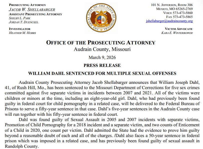 AudrainCoPA's tweet photo. William Dahl sentenced to Missouri prison for 2007-2021 sexual assaults of five girls. Dahl will serve a 50-year prison sentence in Federal Prison on related charges. (1/4) https://t.co/qWhcHiKLSP