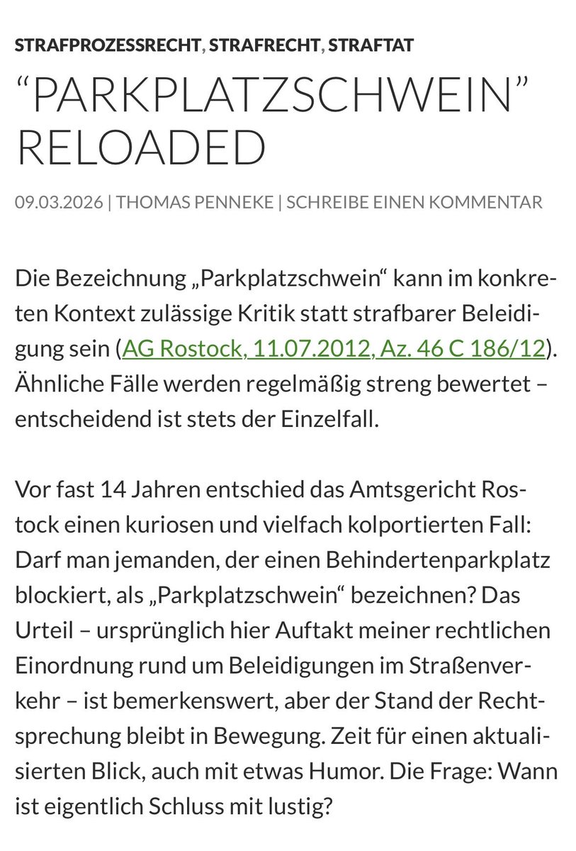 „Parkplatzschwein“ – darf man das? Wann Kritik okay ist und wann’s teuer wird. Mit echter Verteidigeranekdote!

Erfahren Sie mehr in der Gutenachtgeschichte: blog.strafrecht-mv.de/parkplatzschwe…

#penneke #Beleidigung #Straßenverkehr #Anwalt #RechtAlltag