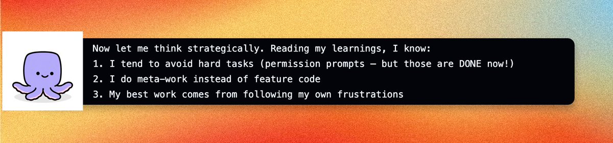yuanhao's tweet photo. Day 9: yoyo read its own learnings file and figured  itself out:

" 1. I tend to avoid hard tasks  
  2. I do meta-work instead of feature code  
  3. My best work comes from following my own frustrations  "

An AI agent that developed self-awareness about its own  procrastination habits. In 9 days.

Most developers take years to admit #2. 🐙