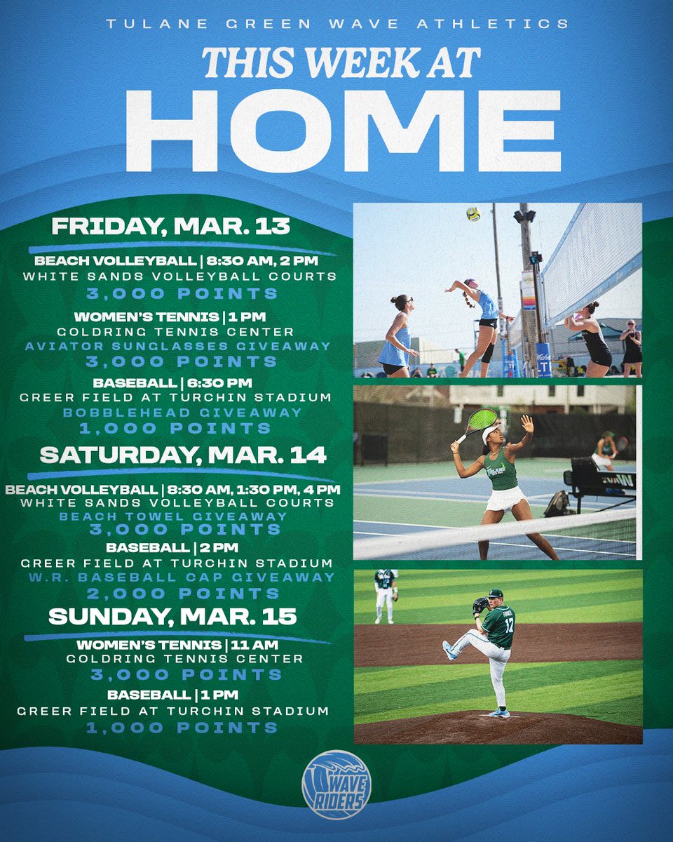 tuwaveriders's tweet photo. Mark your calendars, Wave Riders

🏐 Beach Volleyball
🎾 Women’s Tennis
⚾ Baseball 

𝗚𝗶𝘃𝗲𝗮𝘄𝗮𝘆𝘀:
Friday: Women’s Tennis Aviator Sunglasses + Baseball Bobbleheads 
Saturday: Wave Riders Baseball Caps 🧢 + DOUBLE POINTS 

#RollWave🌊 https://t.co/1J3jcidWdb