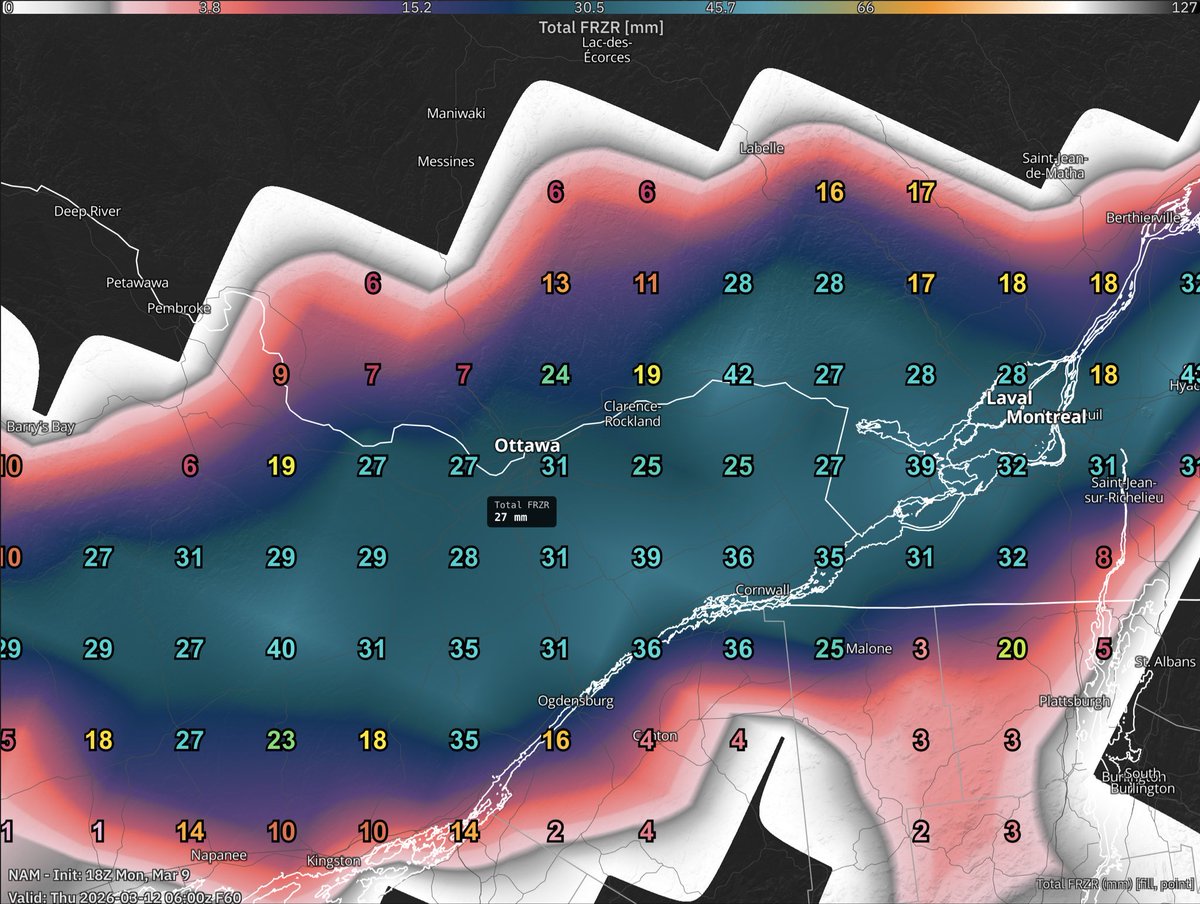 OttWeatherMeteo's tweet photo. Significant ice risks in Eastern Ontario and southern Québec Wednesday.

Models consistently showing 15-30+mm of ice accretion for Ottawa, starting Wed morning into late evening. 

Long duration+high accretion+wind, likely high impact event. Will monitor.

#OttWeather #ONstorm https://t.co/a7tk9Di04w