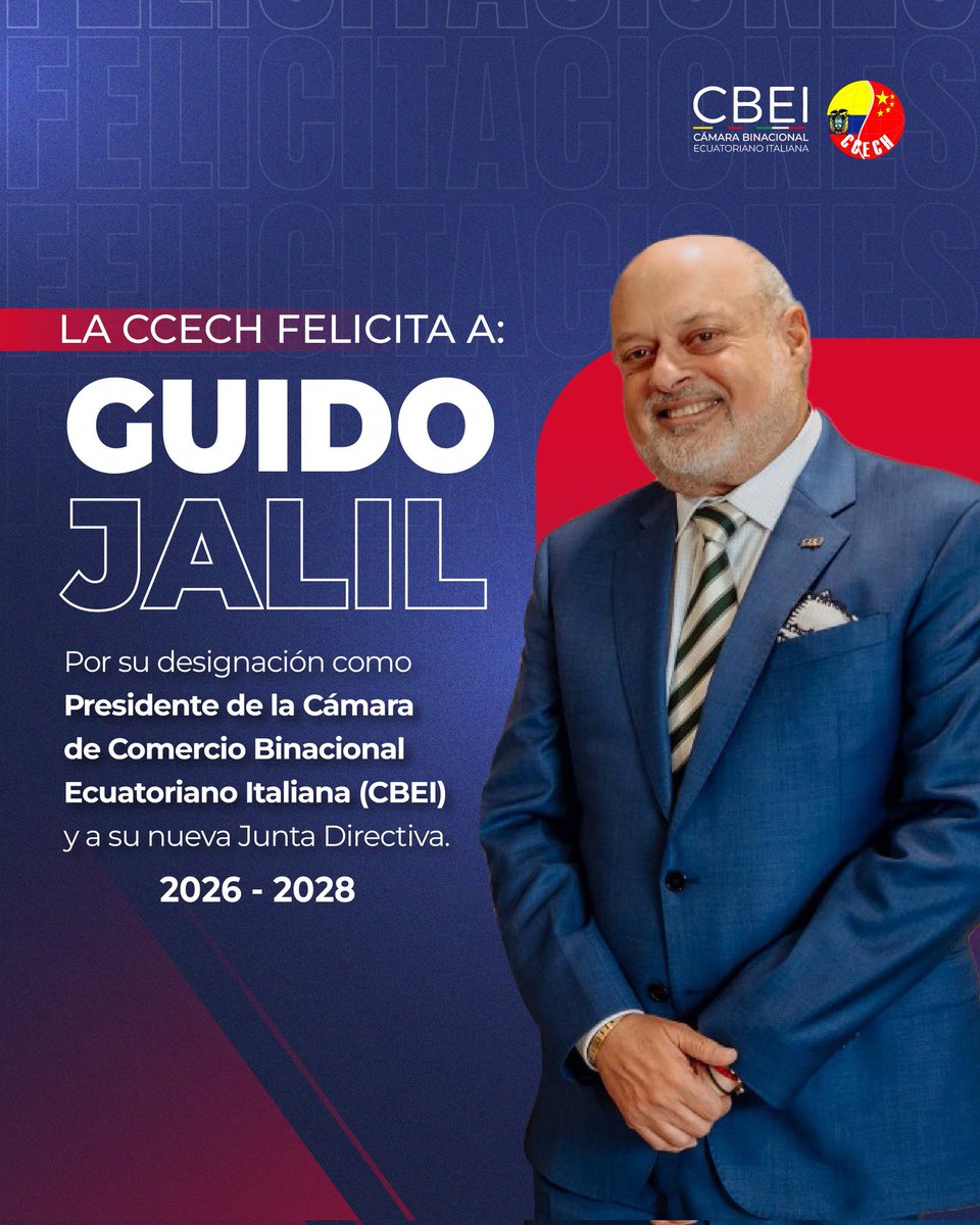 CamaraChinaEc's tweet photo. La #CCECH expresa sus sinceras felicitaciones al nuevo directorio de la CBEI, encabezado por @guidoflavio, período 2026 - 2028.

🫱🏻‍🫲🏼 Les deseamos muchos éxitos en su gestión de continuar fortaleciendo las relaciones bilaterales y la constante cooperación con los gremios aliados. https://t.co/07LUfRCsnT
