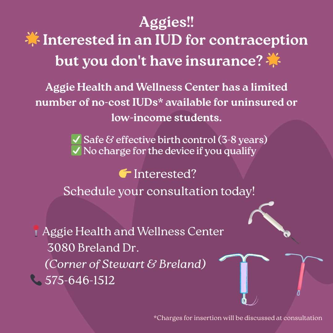 OHPNMSU's tweet photo. Aggies!! Are you interested in an IUD for contraception, but don't have insurance?

Aggie Health &amp; Wellness has a limited number of no-cost IUD's available for uninsured or low-income students. All you have to do is call to schedule a consultation to determine if you qualify.🎉 https://t.co/tOT2h2AYlQ