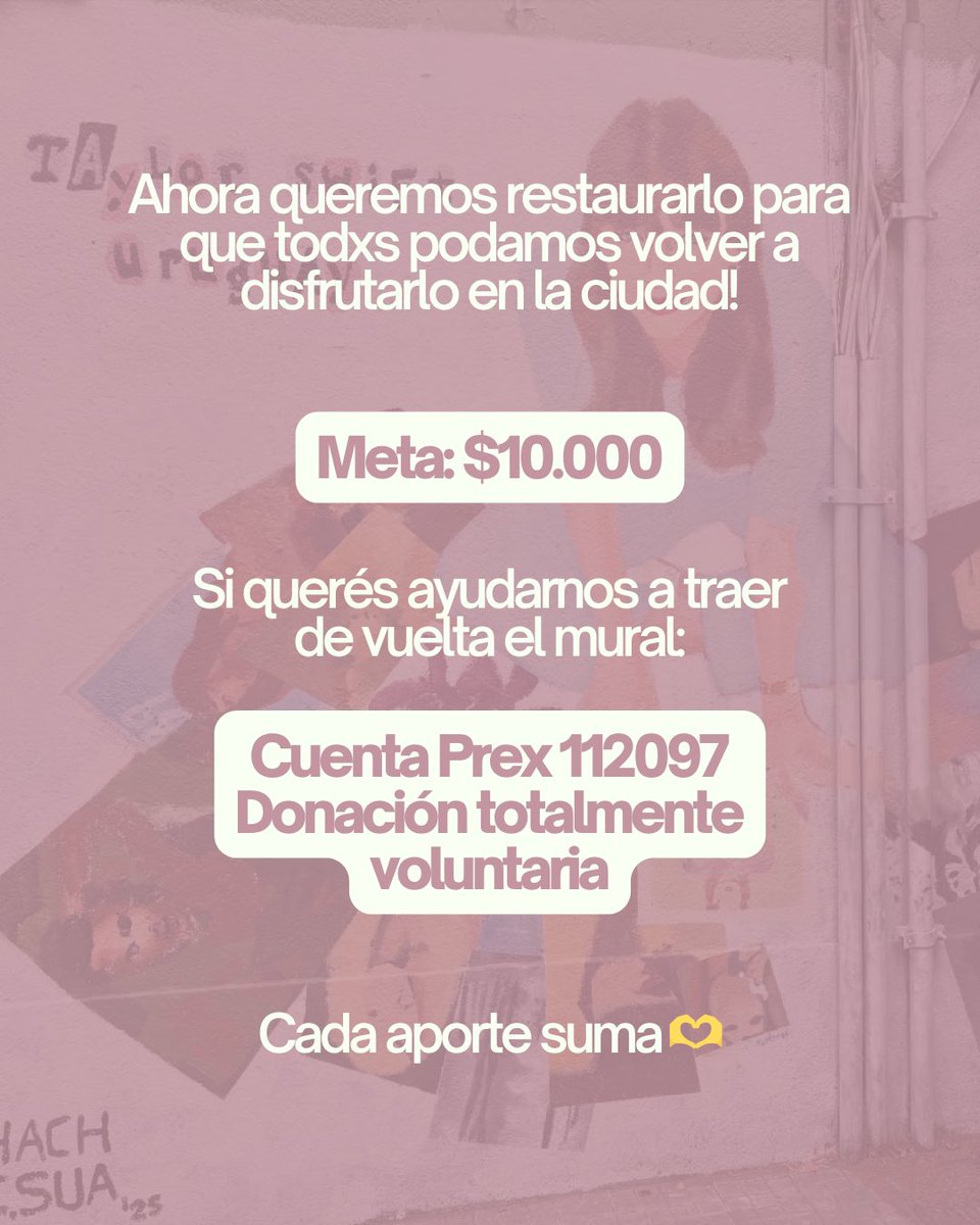 🫶🏼 Pedido a la comunidad: Vandalizaron nuestro mural de Taylor Swift en Montevideo 💔 Vamos a restaurarlo, pero necesitamos ayuda para juntar $10.000.
💳 Prex 112097 a nombre de Lucía Graña, a voluntad
Cada aporte suma. Swifties uruguayxs, nos ayudan? 🇺🇾 Compartir también ayuda!