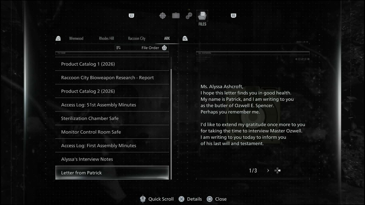 JillJVF96's tweet photo. 💥 #REREQUIEM STORY SPOILER
The "Letter from Patrick" file is visible in Alyssa's disc and,more important,the author is Spencer's butler who wrote mostly of #LostinNightmares files.
So,they're STILL aware of #RE5 DLC...
#ResidentEvil #REBHFun #RE9 #GraceAshcroft #バイオハザード https://t.co/tPEQVOh2SV