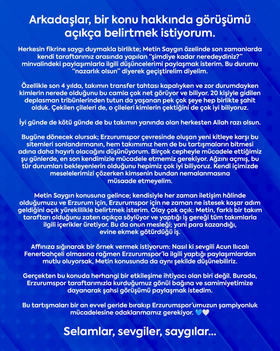 alitaysii's tweet photo. Bu mecrada gönül bağı kurduğum tüm kardeşlerimden, büyüklerimden ve taraftarlarımızdan şahsi ve samimi isteğimdir. Amasız, fakatsız tüm olumsuzlukları bir kenara bırakarak enerjimizi Erzurumspor’umuza harcamamızı yürekten, gönülden rica ediyorum. 🙏💙🤍 https://t.co/5lSMQOyPd2