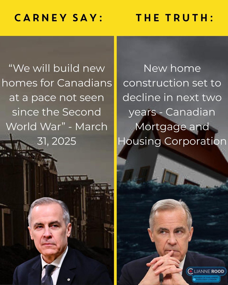 Carney's promise of more housing has been debunked by the Canadian Mortgage and Housing Corporation. 

His expensive Industrial Carbon Tax raises the cost of cement, steel and glass, the core inputs of homebuilding. 

His bloated bureaucracy does nothing to help Canadians achieve
